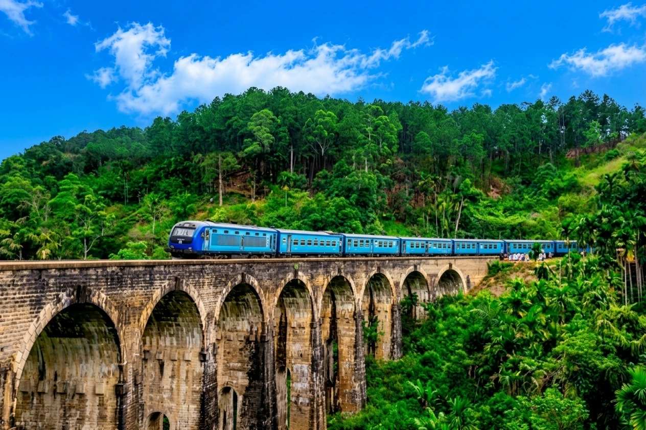 Blue train crossing a green hill-country bridge